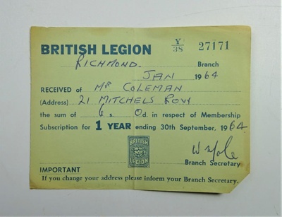 British Legion membership card; The Royal British Legion Press; 1964 ...