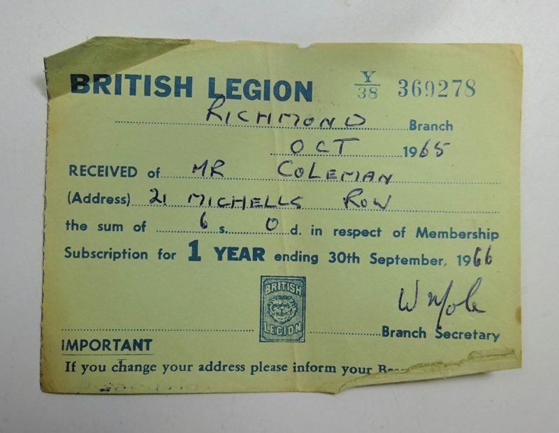 British Legion membership card; The Royal British Legion Press; 1965 ...