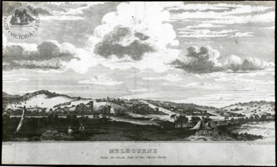 Panoramic view of Melbourne from south side of Yarra River; c. 1839; sketch by J Adamson; Adamson, John, ?-1841; GS-EV-33