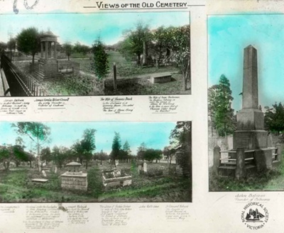 Old Melbourne Cemetery : three views with captions showing gravestones and monuments, c. 1920; Miller, Everard Studley, 1886-1956.; GS-TM-50 Old Melbourne Cemetery : three views with captions showing gravestones and monuments, c. 1920; Miller, Everard Studley, 1886-1956.; GS-TM-50