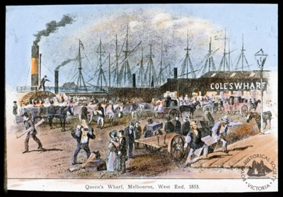 Queen's Wharf, Melbourne, West End, 1853 ; Gunn's Slides (Firm); GS-EV-51