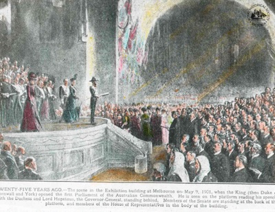 Exhibition Building: opening of First Federal Parliament, 1901; Gunn's Slides (Firm); 1901; GS-BCS-10