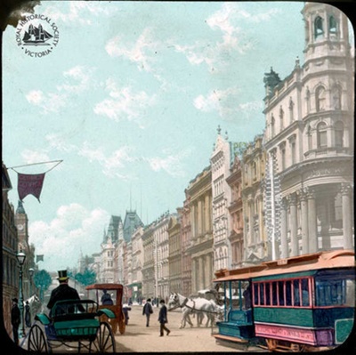 Collins Street (south side) looking east from Elizabeth Street, Melbourne, c. 1887; GS-CS-26 Collins Street (south side) looking east from Elizabeth Street, Melbourne, c. 1887; GS-CS-26