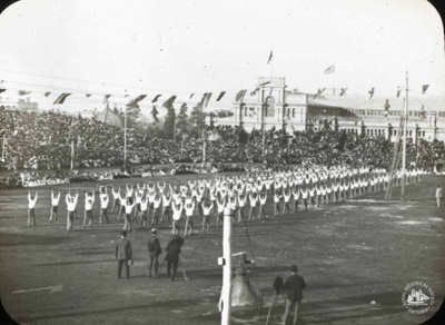 Exhibition Building, Melbourne: physical exercise display, Federation Celebrations, 1901; Cooper, William H. (photographer); 1901; GS-BCS-11