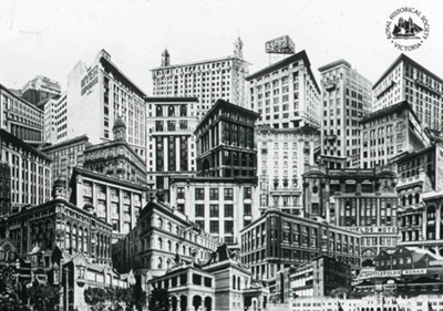 Collage of photographs of buildings in Melbourne, showing architectural styles from 1890s to 1930s, undated, possibly 1930s; T.W. Cameron (Firm); GS-BCS-78 Collage of photographs of buildings in Melbourne, showing architectural styles from 1890s to 1930s, undated, possibly 1930s; T.W. Cameron (Firm); GS-BCS-78