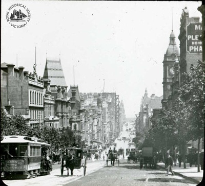 Collins Street (south side) looking east from Russell Street, Melbourne, c. 1890; GS-CS-23