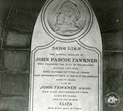 John Pascoe Fawkner, wife and parents : inscription only, Melbourne General Cemetery, c. 1930; Miller, Everard Studley, 1886-1956.; GS-TM-45