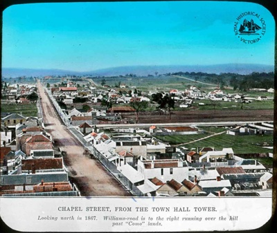 Chapel Street, from the Town Hall Tower, looking north in 1867, William's Road is to the right, running over the hill past 'Como' lands ; T.W. Cameron (Firm); 1867; GS-EV-47