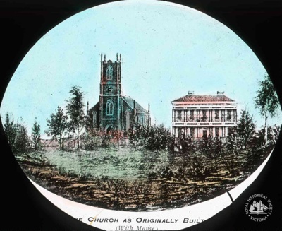 St Andrews Gaelic Church and Manse, Rathdowne Street, Carlton, c. 1870; Gunn's Slides (Firm); GS-BCS-49 St Andrews Gaelic Church and Manse, Rathdowne Street, Carlton, c. 1870; Gunn's Slides (Firm); GS-BCS-49