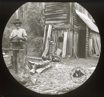 Settler and slab hut, Gippsland, c. 1880; GS-EV-22