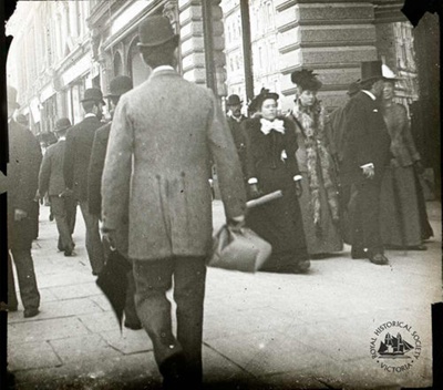 Pedestrians : entrance to the Block Arcade, Collins Street, Melbourne, 1892; GS-CS-25 Pedestrians : entrance to the Block Arcade, Collins Street, Melbourne, 1892; GS-CS-25