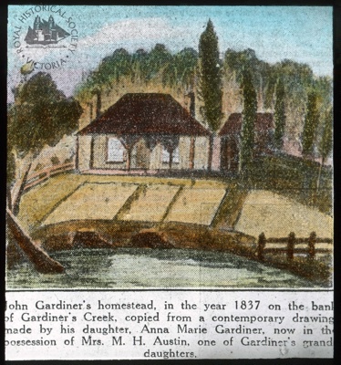 John Gardiner's homestead on Gardiner's Creek, [Hawthorn?], 1837 ; Gunn's Slides (Firm); 1837; GS-EV-29