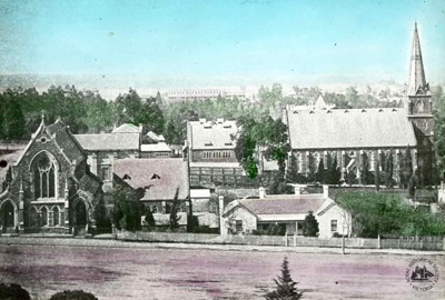 East Melbourne Churches : Lutheran, Unitarian and Chalmer's Presbyterian, c. 1875; Nettleton, Charles, 1826–1902; GS-BCS-3