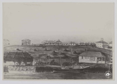 Liardet's Market reserve, showing Lamb Inn and portion of Batman's house on Yarra River, c. 1840; Liardet, Wilbraham Frederick Evelyn, 1799-1878; PH-970046