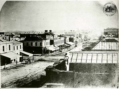 Collins Street looking west showing intersection with Swanston Street, Melbourne, 1858; Fauchery, Antoine, 1823-1861.; GS-CS-33