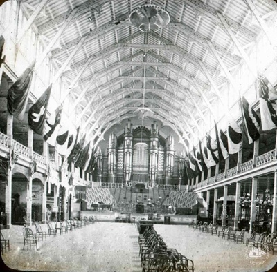 Exhibition Building, Melbourne: Interior showing Grand Organ, stage and seating in hall, c. 1880; GS-BCS-50 Exhibition Building, Melbourne: Interior showing Grand Organ, stage and seating in hall, c. 1880; GS-BCS-50