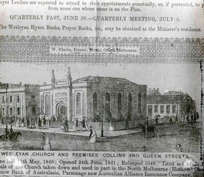 Wesleyan Church [Wesleyan Chapel], corner of Collins and Queen streets, Melbourne, c. 1855; Clarke, William; GS-BCS-47