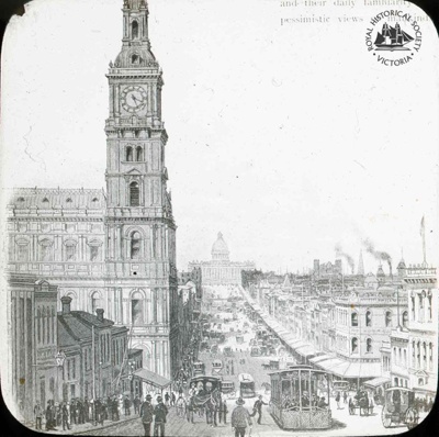 An imagined view of Bourke Street, Melbourne, looking east from Queen Street (shows Parliament House with dome), c. 1885; Cooper & Co (firm); GS-BCS-48