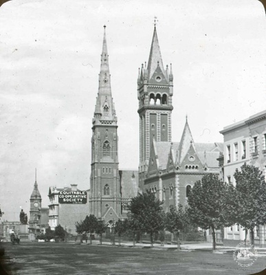 Scots' Church, Independent Church, and Burke and Wills Statue, Collins Street, Melbourne, c. 1885; GS-BCS-62 Scots' Church, Independent Church, and Burke and Wills Statue, Collins Street, Melbourne, c. 1885; GS-BCS-62