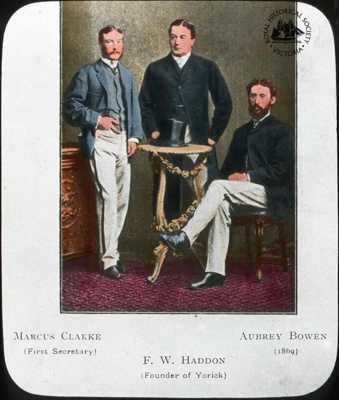 Marcus Clarke (First Secretary), F. W. Haddon (Founder of Yorick), Aubrey Bowen, 1869; Gunn's Slides (Firm); GS-EV-62 Marcus Clarke (First Secretary), F. W. Haddon (Founder of Yorick), Aubrey Bowen, 1869; Gunn's Slides (Firm); GS-EV-62