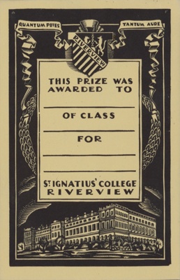 Bookplate for St. Ignatius’ College, Riverview; Adrian FEINT; 1934; 2004.044; © Estate of the artist