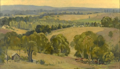 Pastoral landscape; Garrett KINGSLEY; Our best efforts have been made to locate the copyright owner of this work. If you have any information please contact us via copyright@benalla.vic.gov.au