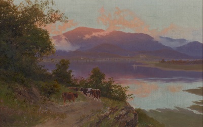 Mt Wellington at sunrise: a view from Risdon Cove towards Glenorchy; W. C. PIGUENIT; c. 1870; 1976.22