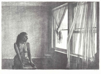 Corner of a Room (V) (Woman watching curtain); Brian DUNLOP; 1984; 1988.02f  © Estate of Brian Dunlop / Copyright Agency, 2022