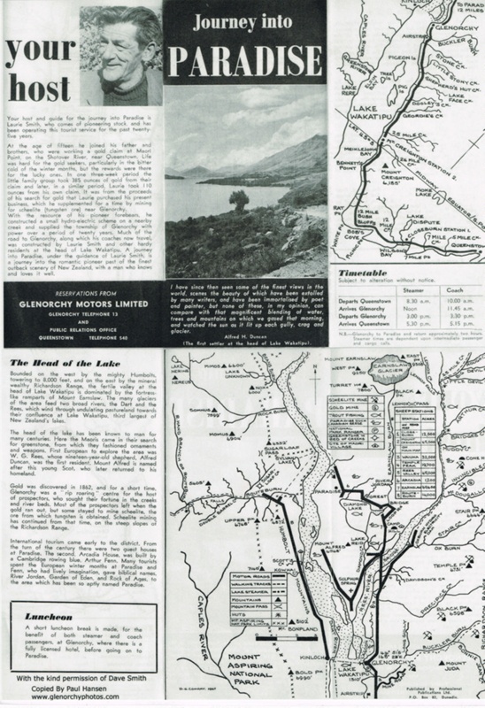 Glenorchy Motors Brochure with Laurie Smith Biography and Maps; 1960s