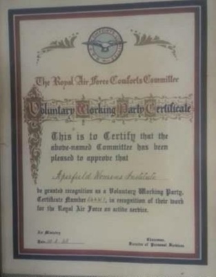 Voluntary working party certificate ; Royal Air Force Comforts Committee; 10/02/1942; 2018.3 