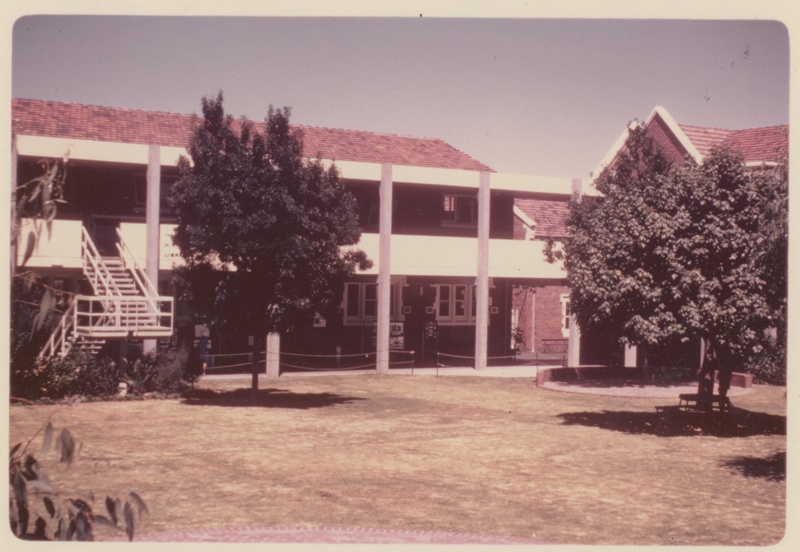 Jenkins Quad with the Library and Dining Hall building, 1973; 1973