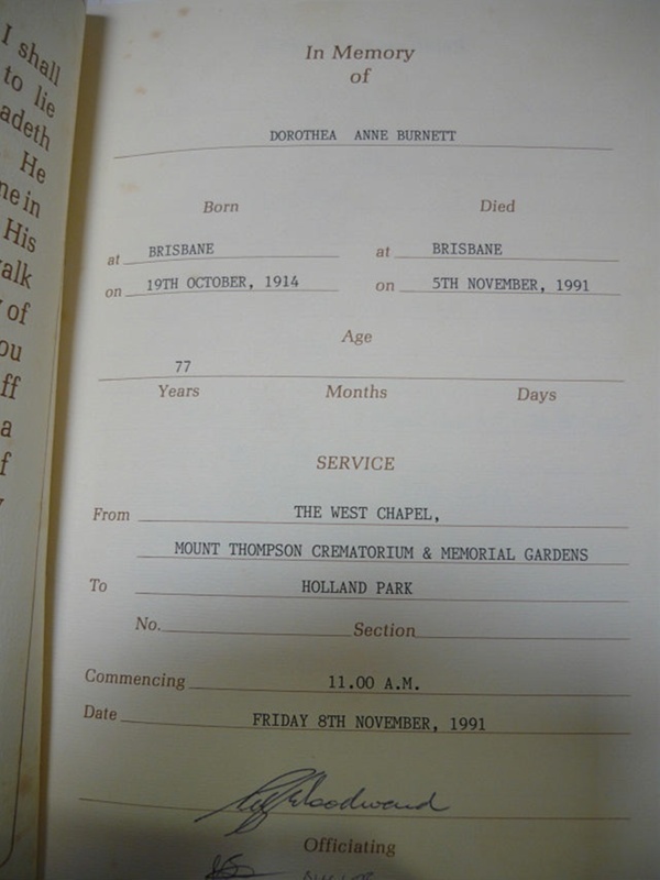 Record of the Funeral of Dorothea Burnett; 1995.022 | eHive