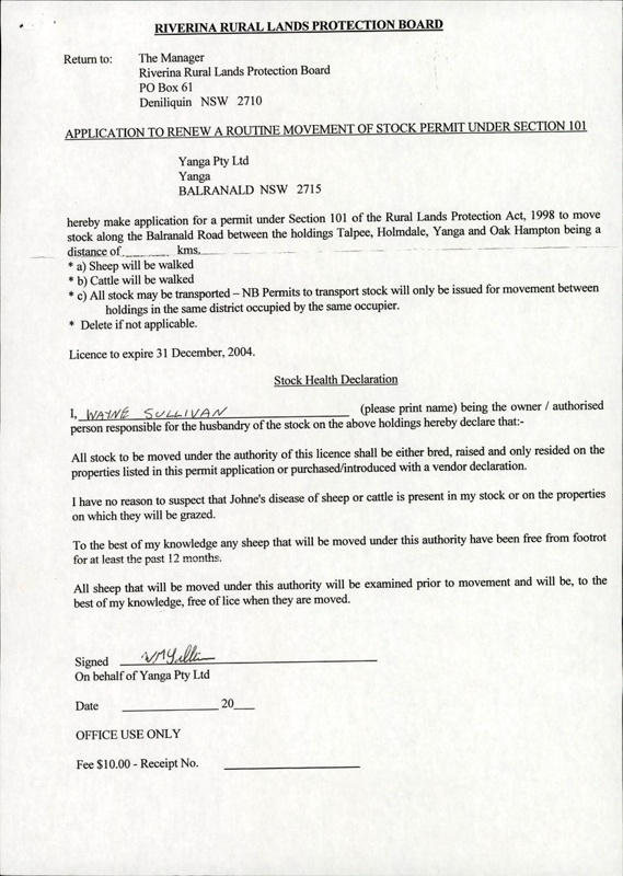 Annual stock movement permit renewal letter issued by the Riverina