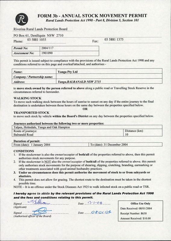 Annual stock movement permit issued by the Riverina Rural Lands Protection Board... eHive Annual stock movement permit issued by the Riverina Rural Lands Protection Board... eHive