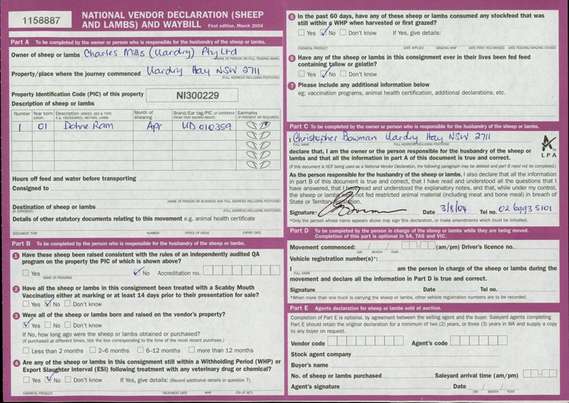 National Vendor Declaration (Sheep & Lambs) and Waybill 2004; National ...