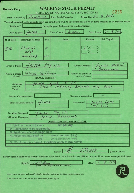 Walking stock permit issued by the Riverina Rural Lands Protection