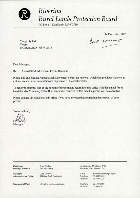 Annual stock movement permit issued by the Riverina Rural Lands