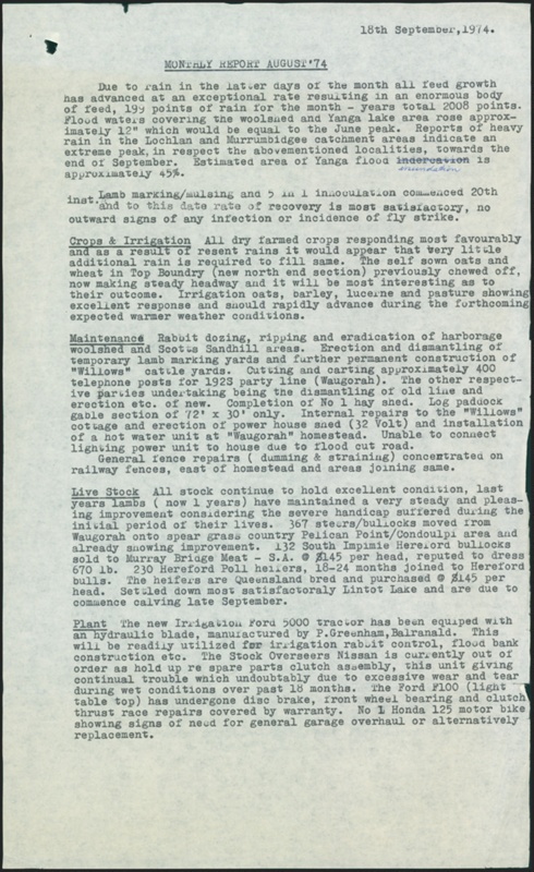 Monthly Report for August 1974; Unsigned; 18 September 1974; 2022.21. ...