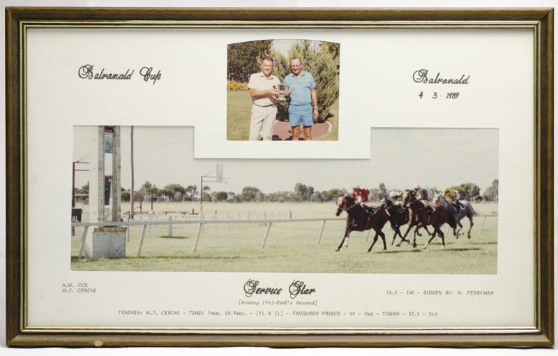 Horse Racing Certificate with colour photographs, framed, Balranald