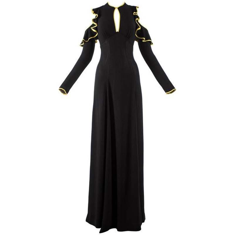 Ossie Clark 1968 black moss crepe evening dress with yellow satin