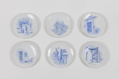 Plate, breakfast/bread and butter, china, white, decoration, blue, doorways on the Agar steps, Sydney.; Thomas of Germany; 3.4.1978; 200.27