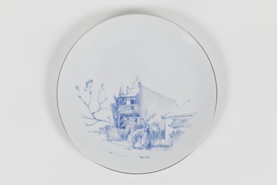 Plate, breakfast, china, white, illustration, blue, house in Salisbury Road Willoughby.; Thomas of Germany; 18.5.1978; 200.32