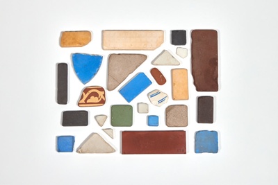 Tiles and other ceramic pieces, assorted sizes, assorted colours.; Unknown maker; 117