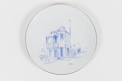 Plate, breakfast, china, white, illustration, blue, of house in Redfern, Sydney.; Thomas of Germany; 19.8.1978; 200.29