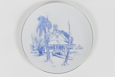 Plate, breakfast, china, white, illustration, blue, house; Thomas of Germany; 26.9.1978; 200.28