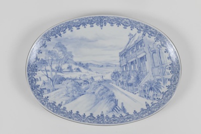 Dish, large, oval, white, illustration, blue, city, rural scenes; Thomas of Germany; 30.7.1980; 200.85