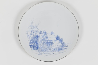 Plate, breakfast, china, white, illustration, blue, of house in Willoughby.; Thomas of Germany; 20.6.1978; 200.30
