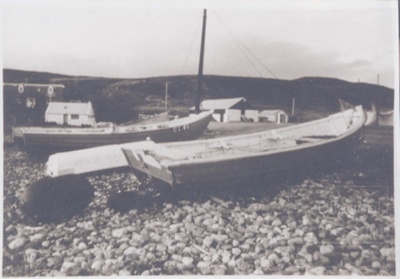Salmon cobles on beach at Badentarbet - bothy and net shed in background; 1970?; ULMPH 2000 0596 