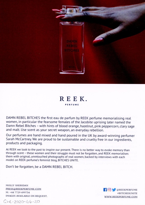 Flyer (front): DAMN REBEL BITCHES; REEK perfume; GWL-2020-44-20