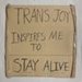 Placard: Trans Joy Inspires Me To Stay Alive; Solidarity Salon participant; 2025; GWL-2025-71-6